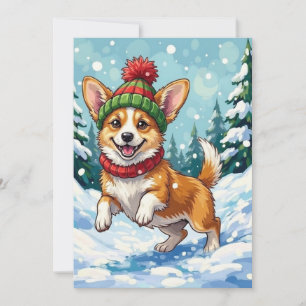 Blijhartige Corgi-hond die in de sneeuw springt me Feestdagenkaart