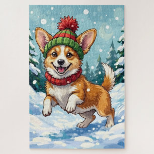 Blijhartige Corgi-hond die in de sneeuw springt me Legpuzzel