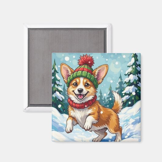 Blijhartige Corgi-hond die in de sneeuw springt me Magneet (Voorkant / Achterkant)