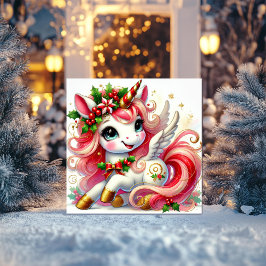 Blijhoevige Eenhoorn met Hulst en Gouden Hoeven Feestdagenkaart