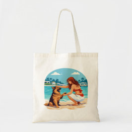 Blijke Duitse Herdershond En Vrouw Die Een Band Op Tote Bag