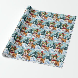 Blijmoedige Corgi-hond die in de sneeuw springt me Cadeaupapier