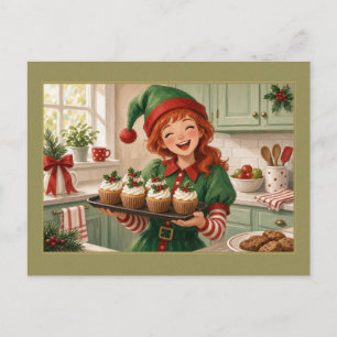 Blijrodeharige Elf met Cupcake Dienblad Ansichtkaa Briefkaart