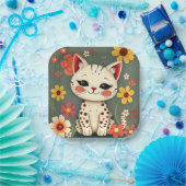 Blijte Gespikkelde Kat met Bloemen Papieren Bordje (Feest)