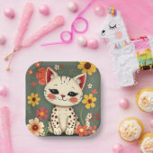 Blijte Gespikkelde Kat met Bloemen Papieren Bordje (Feest)