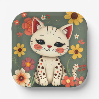Blijte Gespikkelde Kat met Bloemen Papieren Bordje