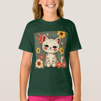 Blijte Gevlekte Kat met Bloemen T-shirt