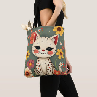 Blijte Gevlekte Kat met Bloemen Tote Bag