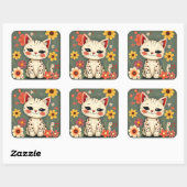 Blijte Gevlekte Kitten met Bloemen Vierkante Sticker (Vel)