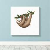 Blijte luiaard op kerstboomtak met ornament canvas afdruk (Insitu (Houten vloer))