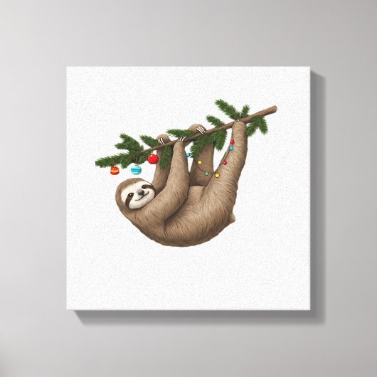 Blijte luiaard op kerstboomtak met ornament canvas afdruk (Voorkant)
