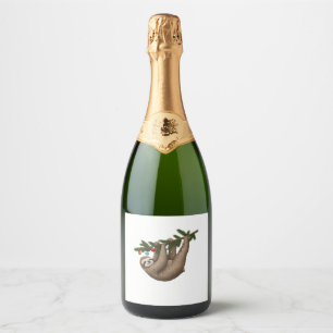 Blijte luiaard op kerstboomtak met ornament sparkling wijnetiket