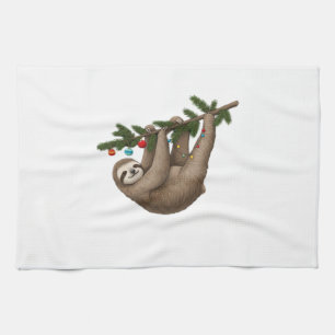 Blijte luiaard op kerstboomtak met ornament theedoek