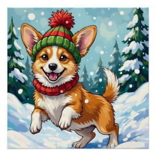 Blijvende Corgi-hond die door de sneeuw springt me Perfect Poster