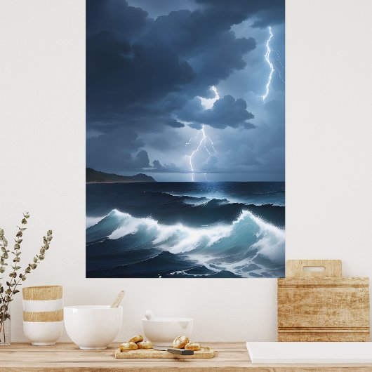 Bliksem Storm boven de oceaan Poster (Keuken)