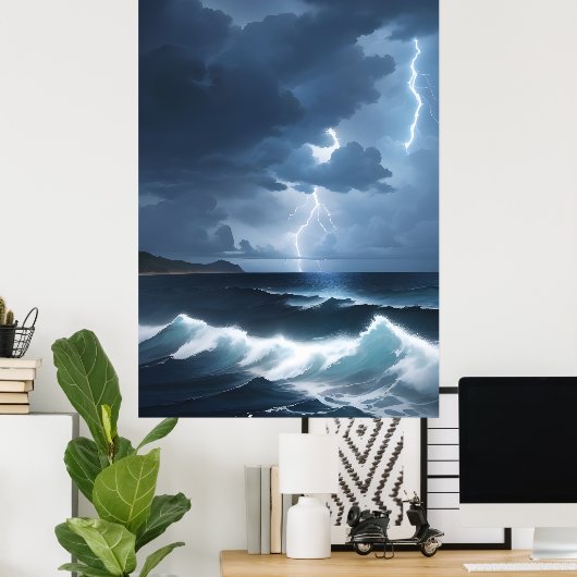 Bliksem Storm boven de oceaan Poster (Thuiskantoor)
