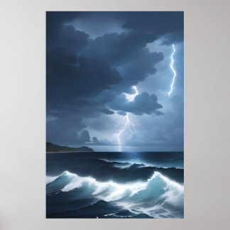 Bliksem Storm boven de oceaan Poster