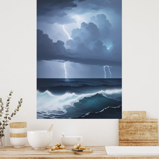 Bliksem Storm en oceaan Poster (Keuken)