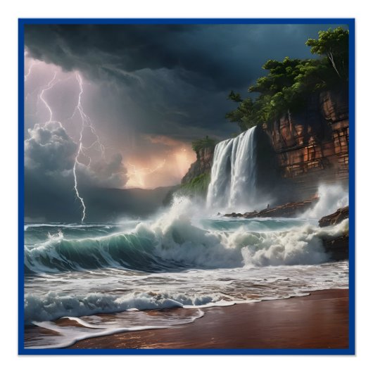 Bliksem Strike Waves Strand Landschap Perfect Poster (Voorkant)