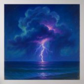 Bliksem Zee Storm - Pastel Schilderstijl Kunst Poster (Voorkant)