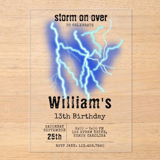 Bliksemschicht Elektriciteit Thunderstorm Verjaard Acryl Uitnodigingen (Voorkant)