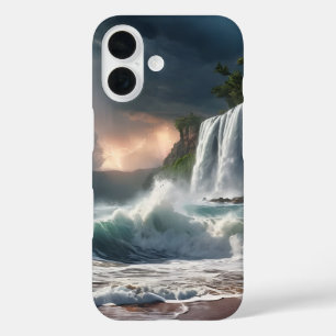 Bliksemwaterval Cliff Waves Beach iPhone 16 Hoesje