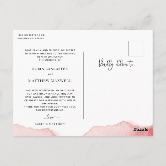 Blinde aankondiging Waterverf uitstellen huwelijk  Briefkaart (Achterkant)