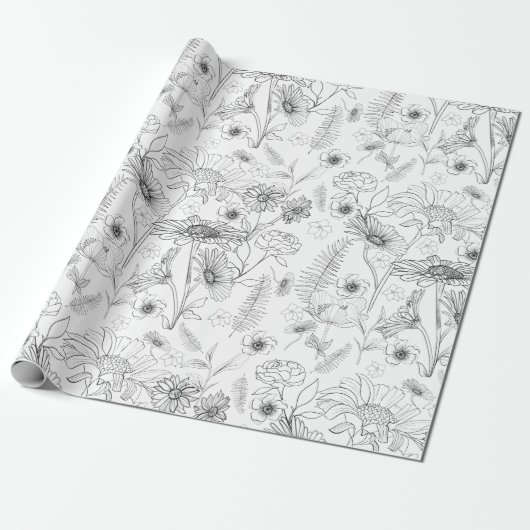 Blinde en witte daisies florale tuinpatroon cadeaupapier (Uitgerold)