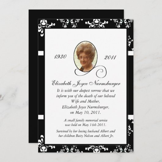 Blinde en witte Damask Fotodoodverklaring Aankondiging (Voorkant / Achterkant)