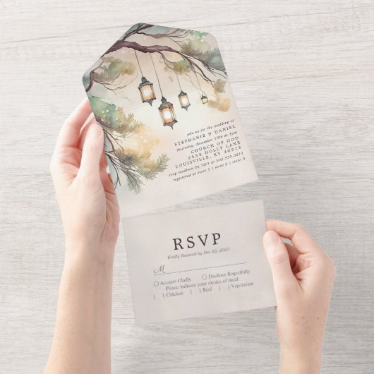 Blindenboomgaard botanische lantaarns bruiloft all in one uitnodiging (Afscheurbaar)