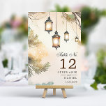 Blindenboomgaard botanische lantaarns bruiloft kaart<br><div class="desc">Blinderbloemige lantaarns twittertafel-nummer bijtende boomstam. Prachtige elegante waterverf bruiloft met rustige botanische hanglantaarns. Dit aangepaste moderne huwelijksontwerp kan gemakkelijk worden aangepast aan je eigen trouwgegevens.</div>