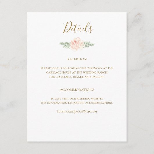 Blindenroze en goudbloemen botanische bruiloft informatiekaartje (Voorkant)