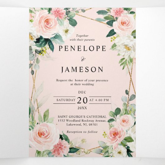 Blindenroze flesje Geometrische botanische bruilof Drieluik Programma (Binnenkant midden)