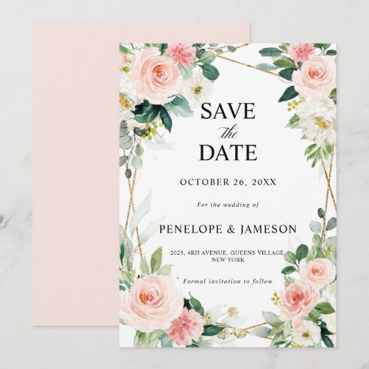 Blindenroze flesjes Geometrische botanische verbin Save The Date (Voorkant / Achterkant)