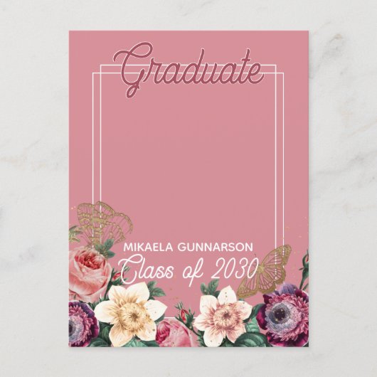 Blindenroze Floral Boho Afstuderen Aankondiging Briefkaart (Voorkant)