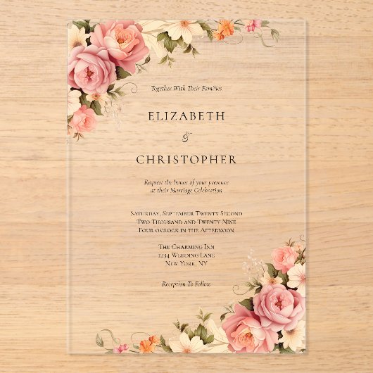 Blindenroze Waterverf Floral Weddenschap Acryl Uitnodigingen (Voorkant)