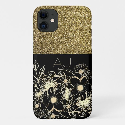 Bling Bling Gold Glitter Black Flowers Luxe Case-Mate iPhone Case (Achterkant)