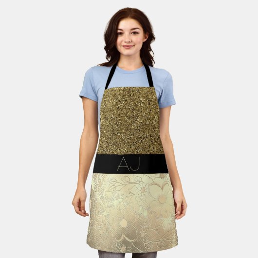 Bling Bling Gold Glitter en Black Floral Initialen Schort (Gedragen)