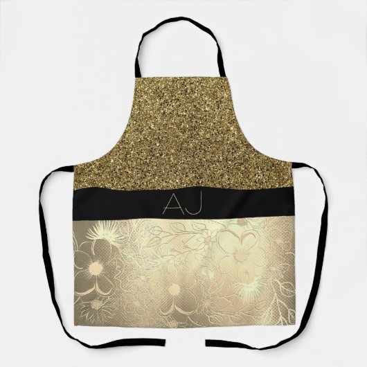 Bling Bling Goud Glitter en Zwarte Bloem Initialen Schort (Voorkant)