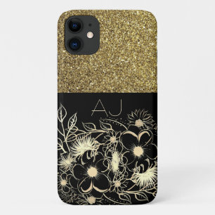 Bling Bling Goud Glitter Zwarte Bloemen Luxe Case-Mate iPhone Case