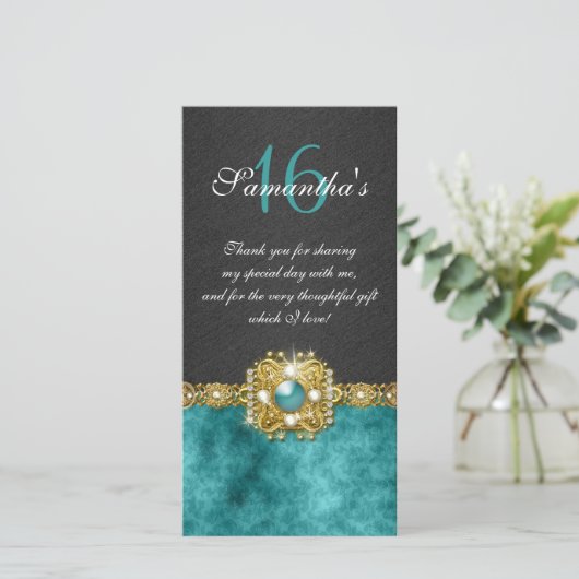 Bling edelstenen diamant parel damast bedankkaart (Staand voorkant)