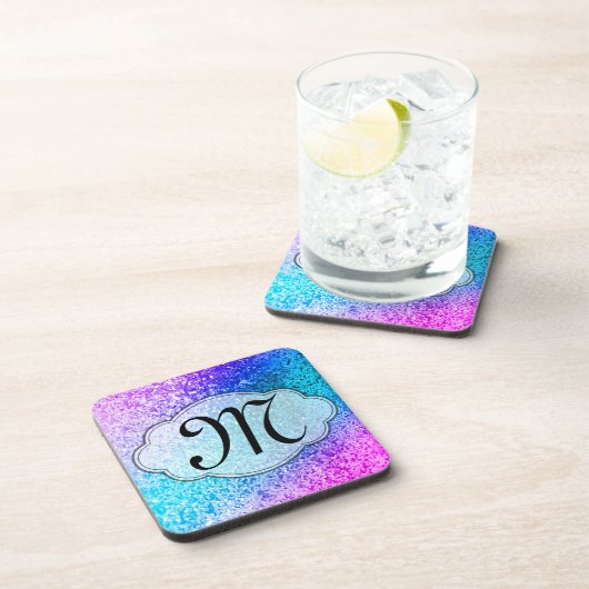 Bling Glitter Girly Pink Monogram Drink Onderzette Onderzetter (Rechterzijde)