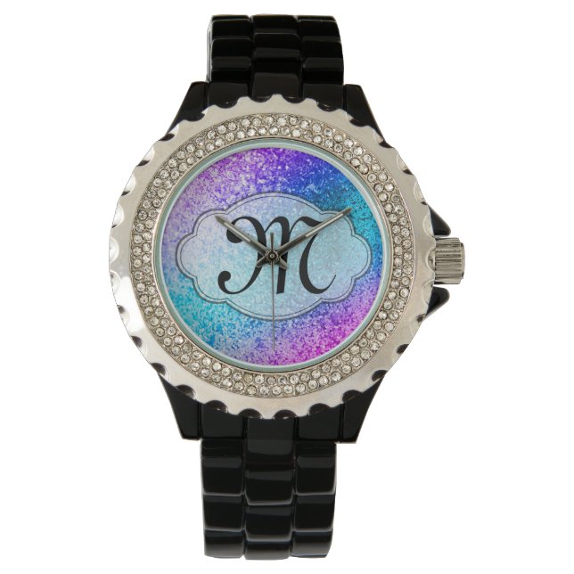 Bling Glitter Girly Roze Paarse Blauwgroen Aqua Wa Horloge (Voorkant)
