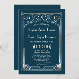 Bling Great Gatsby Gold Blue Art Deco Wedding Kaart
