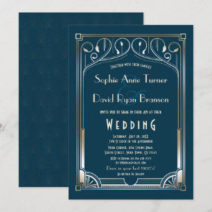 Bling Great Gatsby Gold Blue Art Deco Wedding Kaart