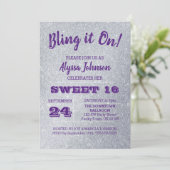 Bling het op Silver Sparkles Paarse Sweet 16 Kaart (Staand voorkant)
