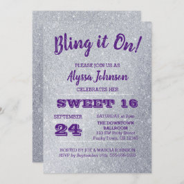 Bling het op Silver Sparkles Paarse Sweet 16 Kaart