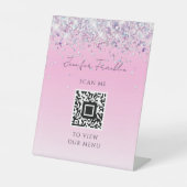 Bling Holografische Glitter Beauty Script Roze Reclamebord Met Voetstuk (Voorkant)