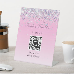 Bling Holografische Glitter Beauty Script Roze Reclamebord Met Voetstuk