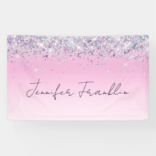 Bling Holografische Glitter Script Roze Spandoek (Horizontaal)